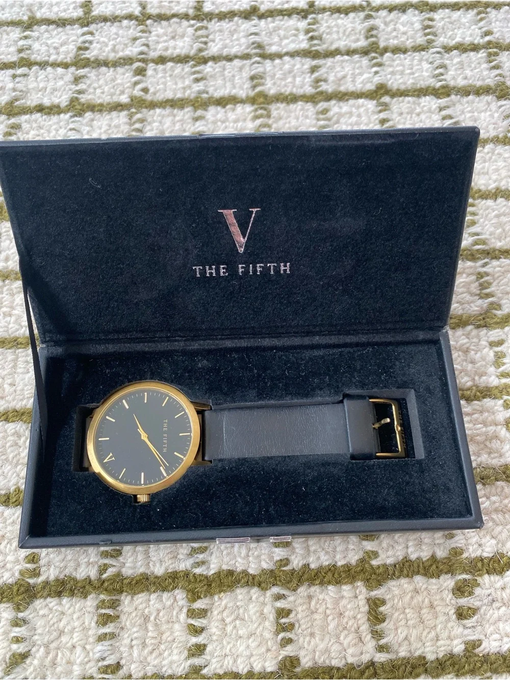 The Fifth Unisex Black Leather Strap Watch with Gold Face